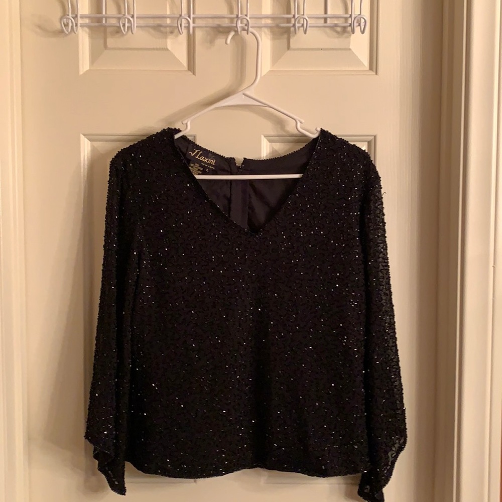 I Laxmi Beaded V- Neck long sleeve Vintage Top. Size large.